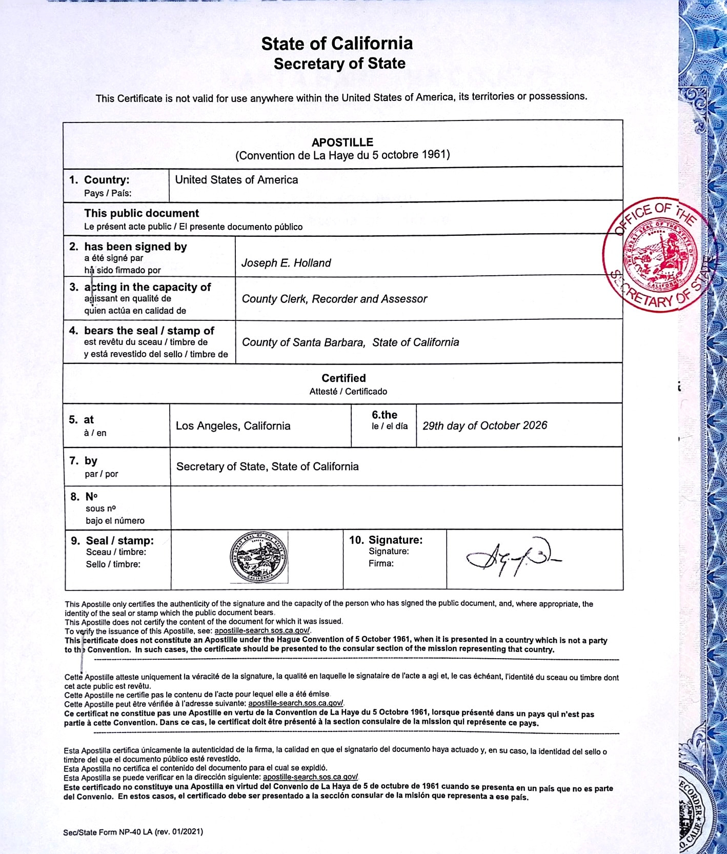 Example California Secretary of State apostille authenticating a county official’s signature, capacity and seal