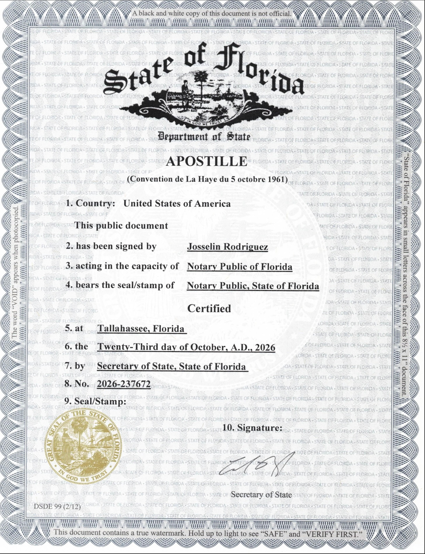 Example Florida Department of State apostille identifying a Florida notary public as the signer
