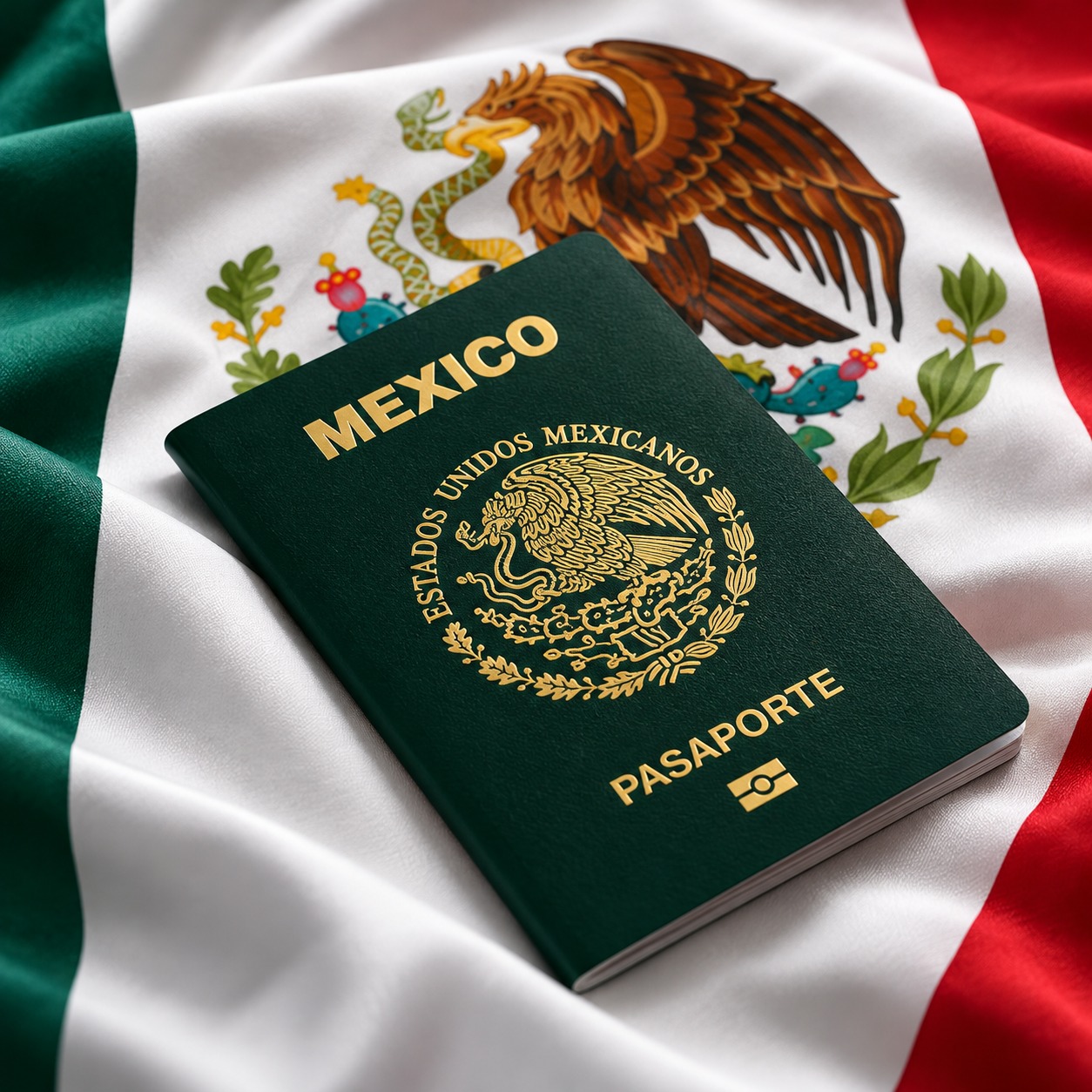 Mexican passport on a silk Mexican flag