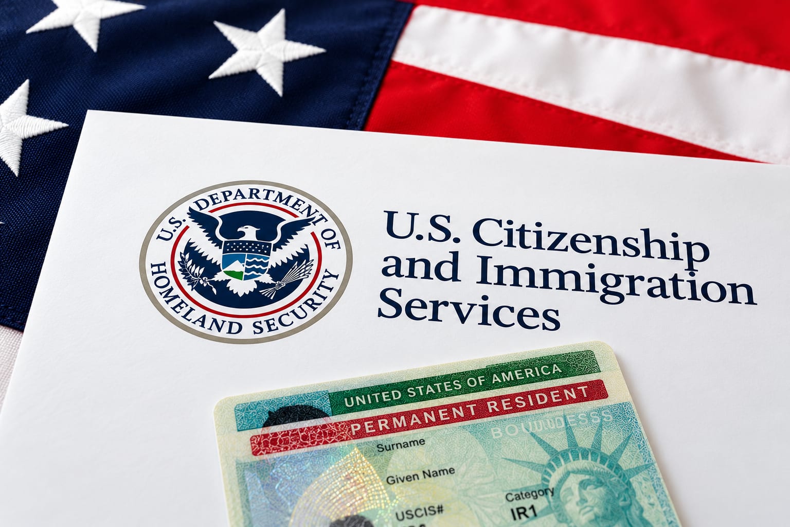 Illustrative immigration paperwork and a sample resident card on a U.S. flag, not an actual government-issued record