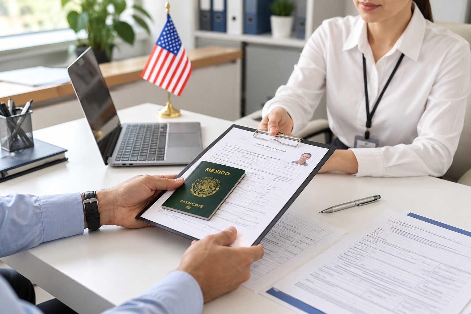 Visa applicant reviewing documents with a consultant at a desk
